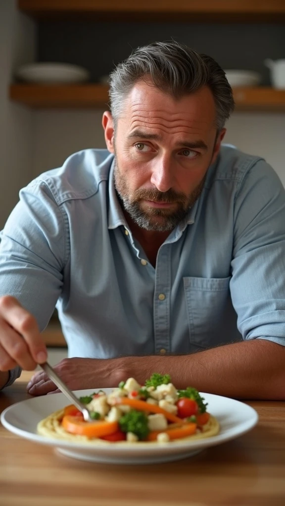 Uomo sui 35 anni in cucina, con espressione affaticata e spenta, guarda un piatto con pochissimi carboidrati (solo qualche verdura e proteine). Accanto a lui, fogli con una dieta rigida e una scritta visibile: 'Carboidrati troppo bassi'. emoji