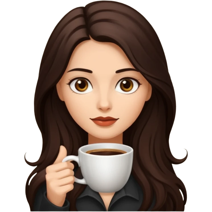 Dark Brown long haired sexy woman with dark brown eyes with cup of coffee emoji