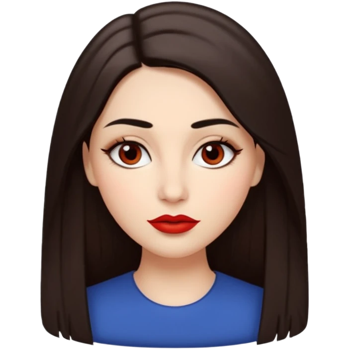 A woman emoji with fair skin, long straight dark brown hair parted in the middle, an oval-shaped face, arched dark eyebrows, almond-shaped brown eyes, a small nose, and full lips colored with red lipstick. emoji