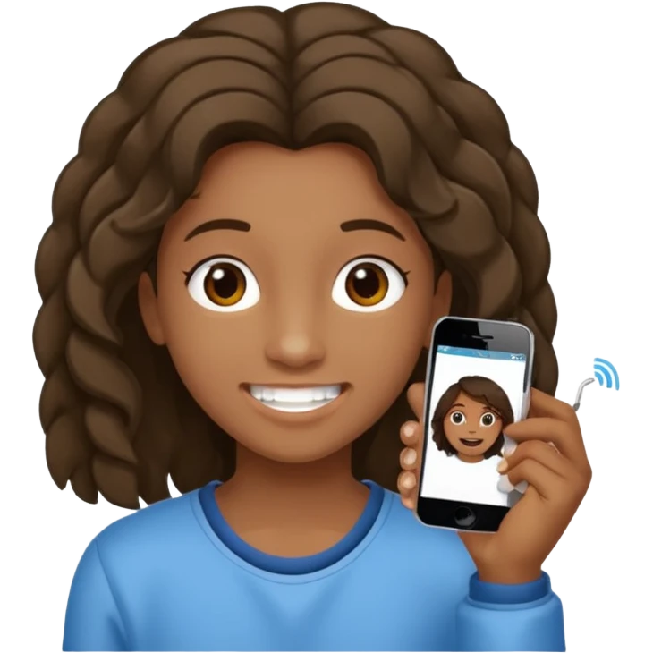 Faça um adolescente de cabelo cacheado médio sorrindo com um aparelho dental e fones de ouvido, com um moletom branco emoji