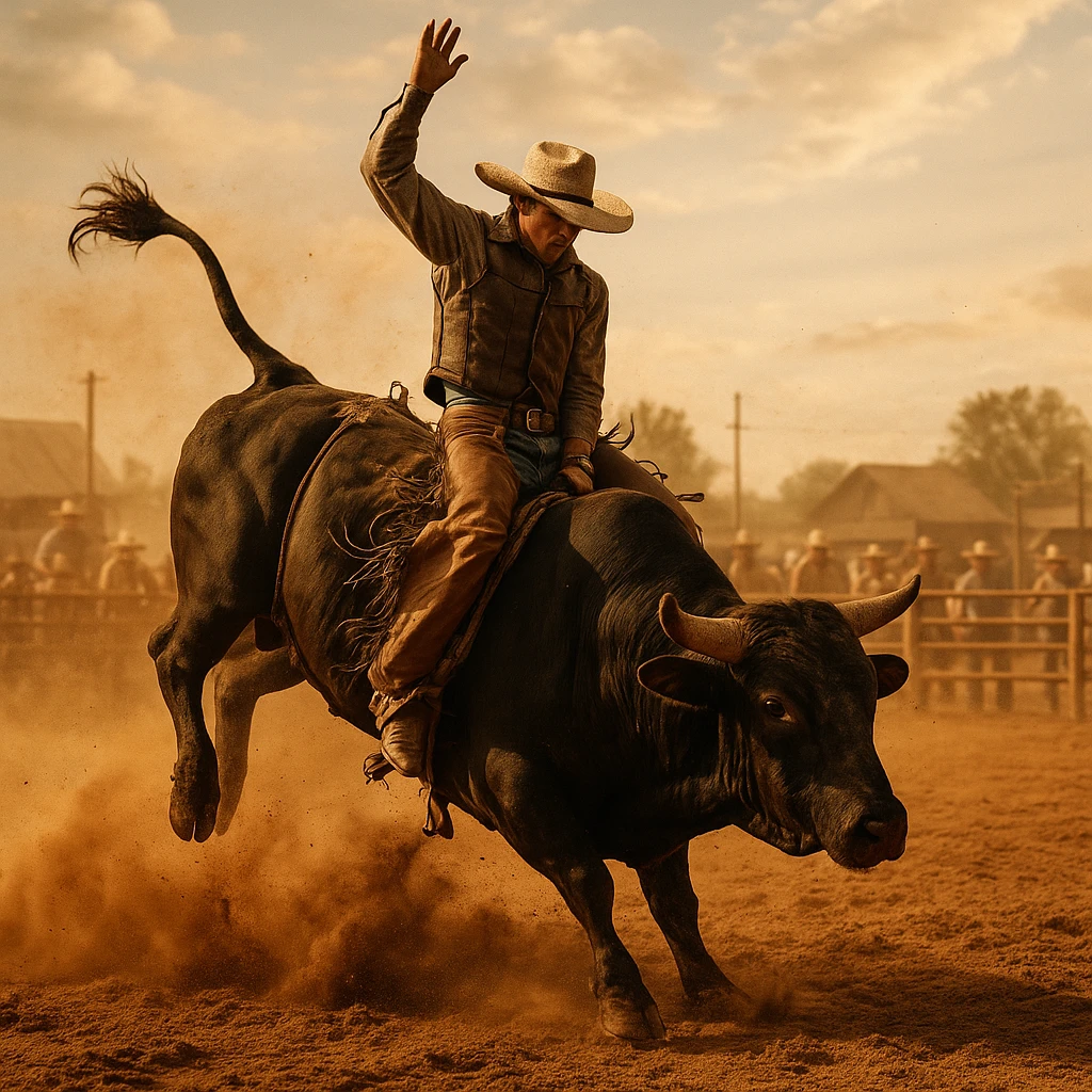 rodeo scene with cowboy riding a bucking bull, energetic, dust flying, western theme emoji