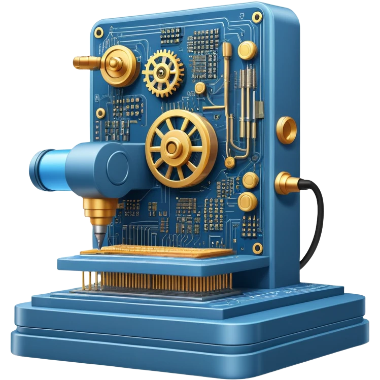 An icon featuring a giant machine soldering a huge microchip, symbolizing engineering. The design includes mechanical gears, circuit boards, and a blueprint, representing the precision and innovation in designing and building technology. Transparent background highlights the art of engineering emoji