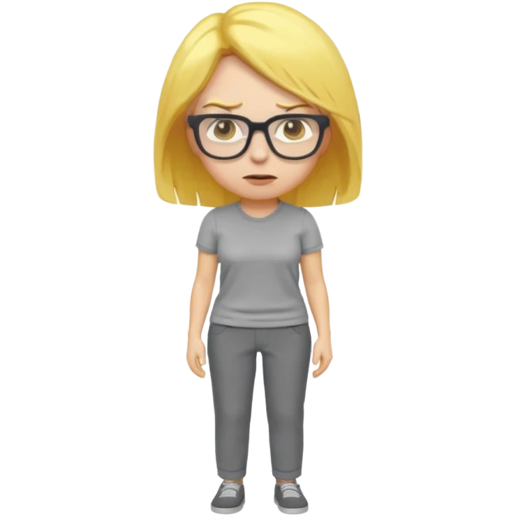 furious mom emoji, yellow hair, glasses, gray shirt and pants, simple and bold emoji