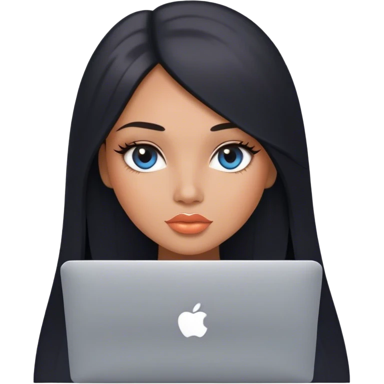 Glamours, tanned, very beautiful girl, with big pump peach lips, black straight smooth silky long hair, straight parting, blue-grey eyes, holding MacBook emoji