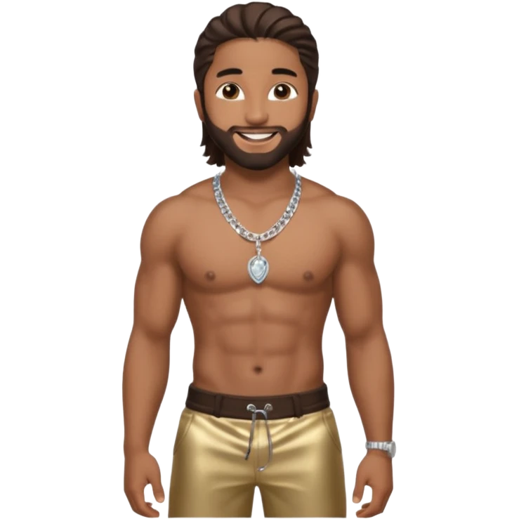  Omarion with long dark brown hair, shirtless with necklace, metallic dark brown pants emoji