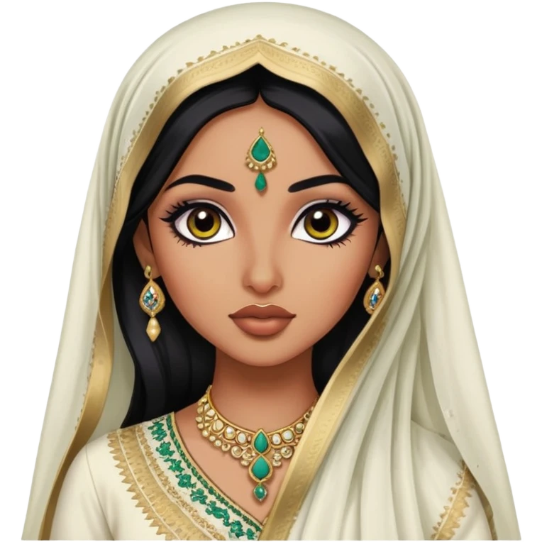 arabian nose, pretty lips, pakistani clothes, dupatta, dark skin, long black hair, pretty bratz baddie, black eyeliner emoji
