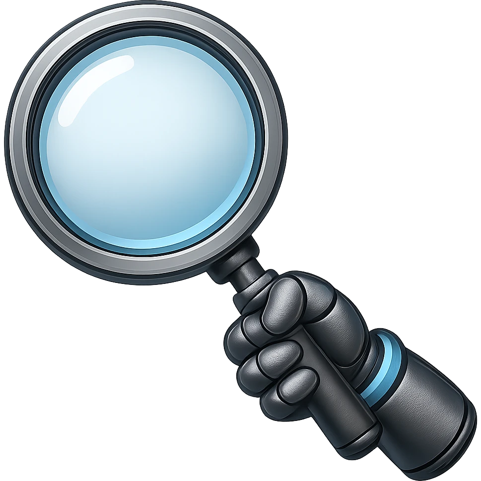 Add a robotic arm holding the magnifying glass, keep metallic textures and glowing blue accents, in emoji style with no background. The style should resemble apple style emojis with a clean and polished look, focusing on metallic and glowing blue details. emoji