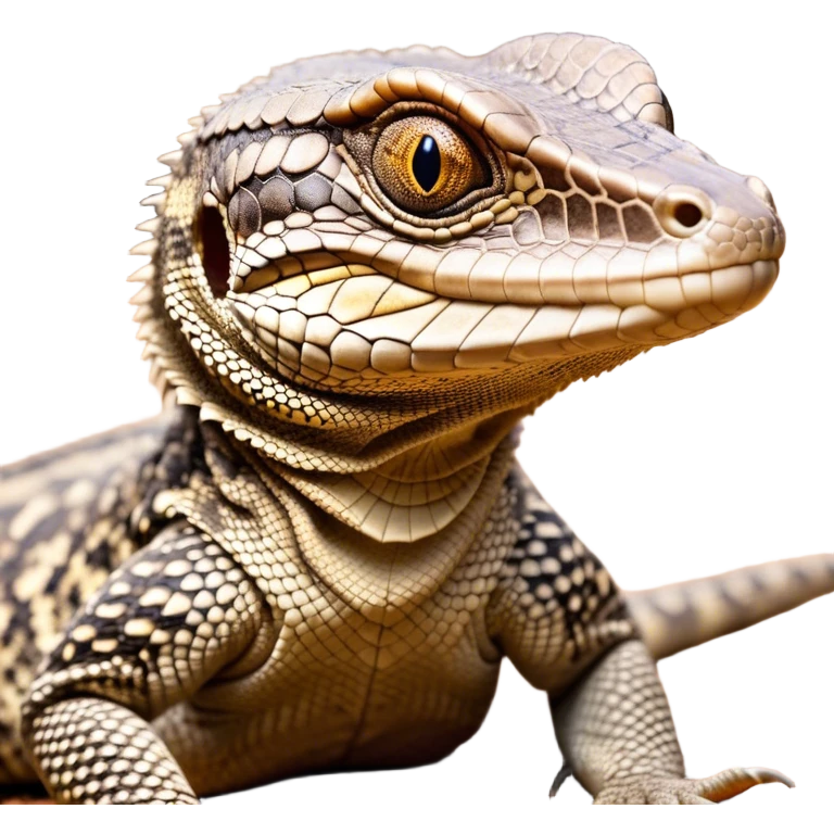 Cinematic Comical brown camo spotted monitor Lizard Portrait Emoji, Head tilted dramatically with an exaggeratedly shocked expression, featuring a robust, patterned body with wide, comically expressive eyes full of humorous disbelief, Simplified yet hilariously expressive features, highly detailed, glowing with a slightly sassy glow, high shine, dramatic yet playful, stylized with an air of quirky reptilian attitude, soft glowing outline, capturing the essence of a meme-worthy brown camo spotted monitor lizard that looks ready to side-eye its way into viral fame! emoji