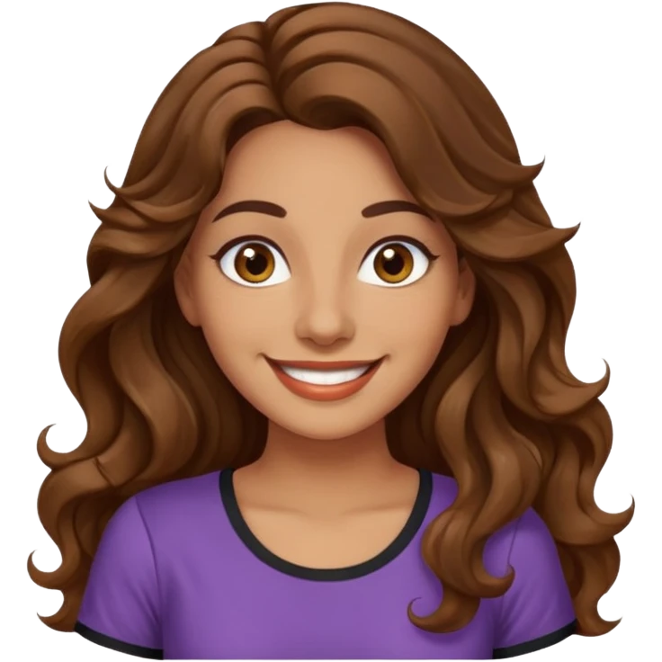 30 yr old italian woman, long brown wavy hair, big brown eyes, huge smile, fancy dress, no bangs, t shirt emoji