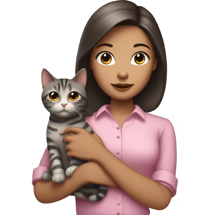 Brunette girl with straight hair in a pink blouse, holding a gray, striped, brown-eyed cat with a bow in her arms emoji