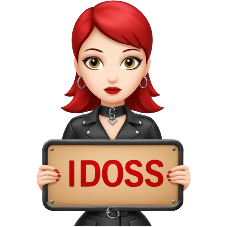 A dominatrix holding a large sign emoji
