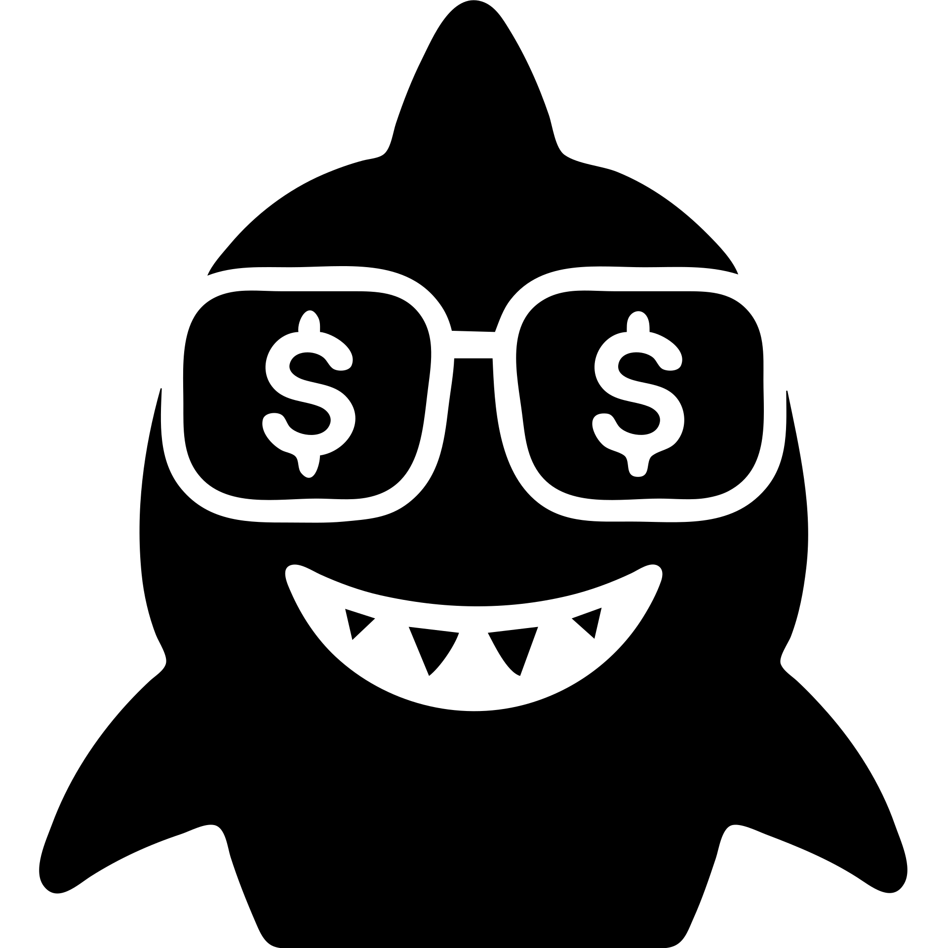 solid black icon of a shark wearing money-shaped glasses emoji