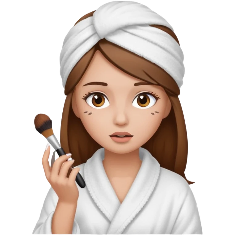 Girl with brown hair in white dressing gown and white towel wrapped in her head doing her makeup emoji