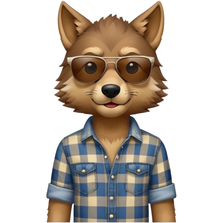 head and shoulders friendly brown-furred anthropomorphised wolf in plaid shirt and jeans, wearing dark sunglasses, upright pose emoji