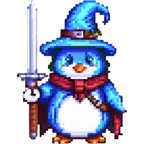 pixel art style penguin wizard with a sword emoji