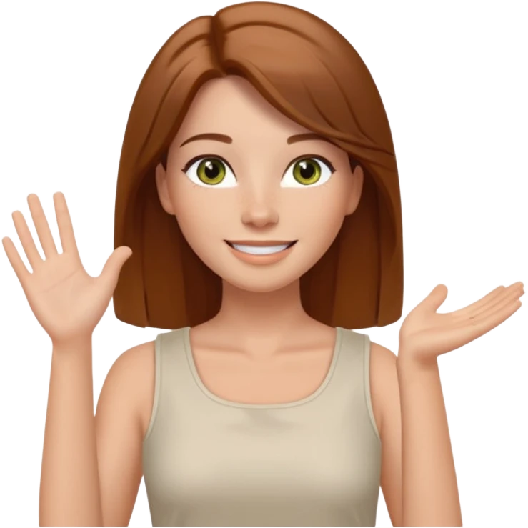 emoji of a confident woman named Freya McOmish, smiling, hazel green eyes, long straight hair with a middle part, subtle freckles, modern casual style, broad shoulders, wearing a white sleeveless deep square neck top, waving emoji