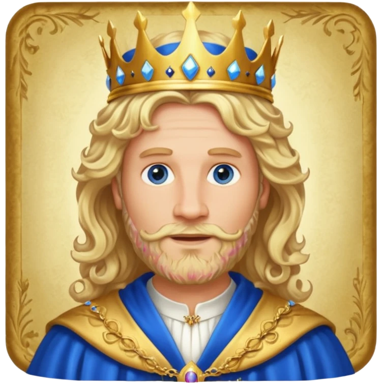 1 Middle-aged white king, 40 years old, blond hair, blond beard, long curly hair, blue eyes, kind and benevolent vibe, gentle smile, wearing a crown and blue robe emoji emoji