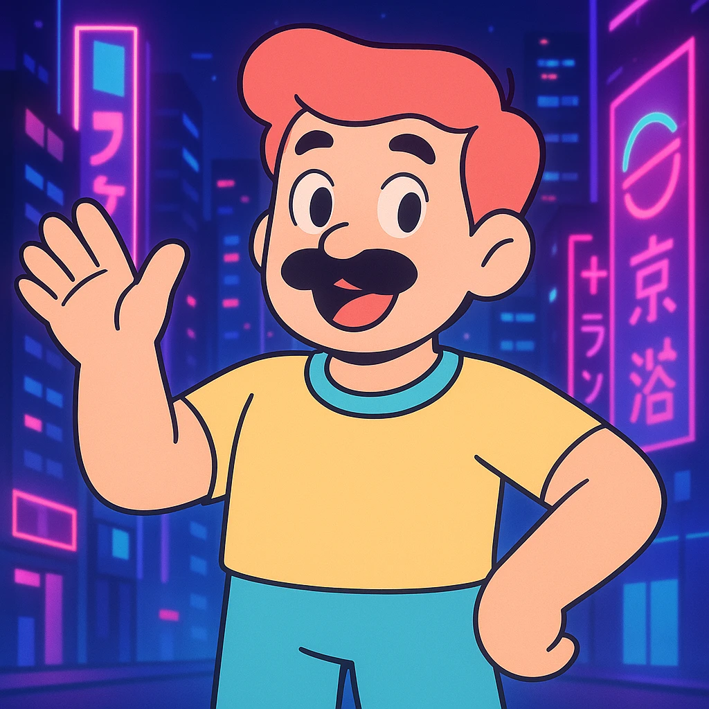 Add a neon city background, keep the 90's anime style and all original colors and lighting emoji