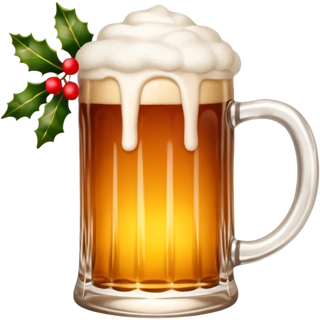 Scandinavian-style Christmas beer mug with frothy top, surrounded by holly and festive lights, warm and inviting emoji