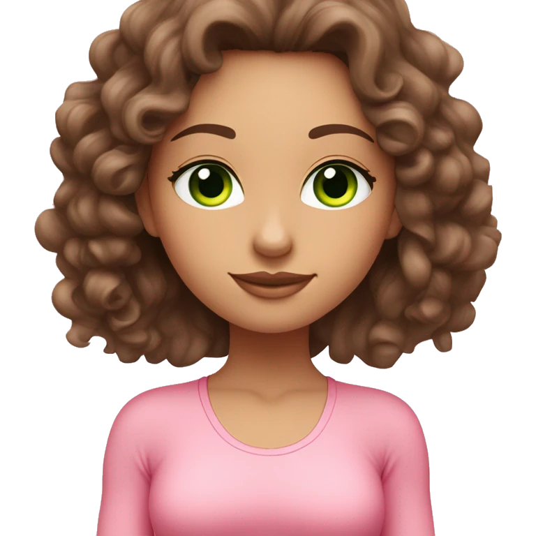 Brunette long and curly hair and green eyes yoga beautiful girl in light pink pink pink clothes sitting on a yoga mat emoji