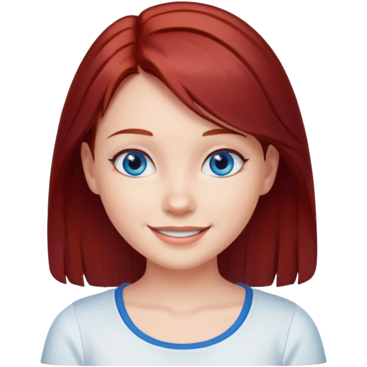 generate a young girl with dark red hair in a white top. she is supposed to have blue eyes  emoji