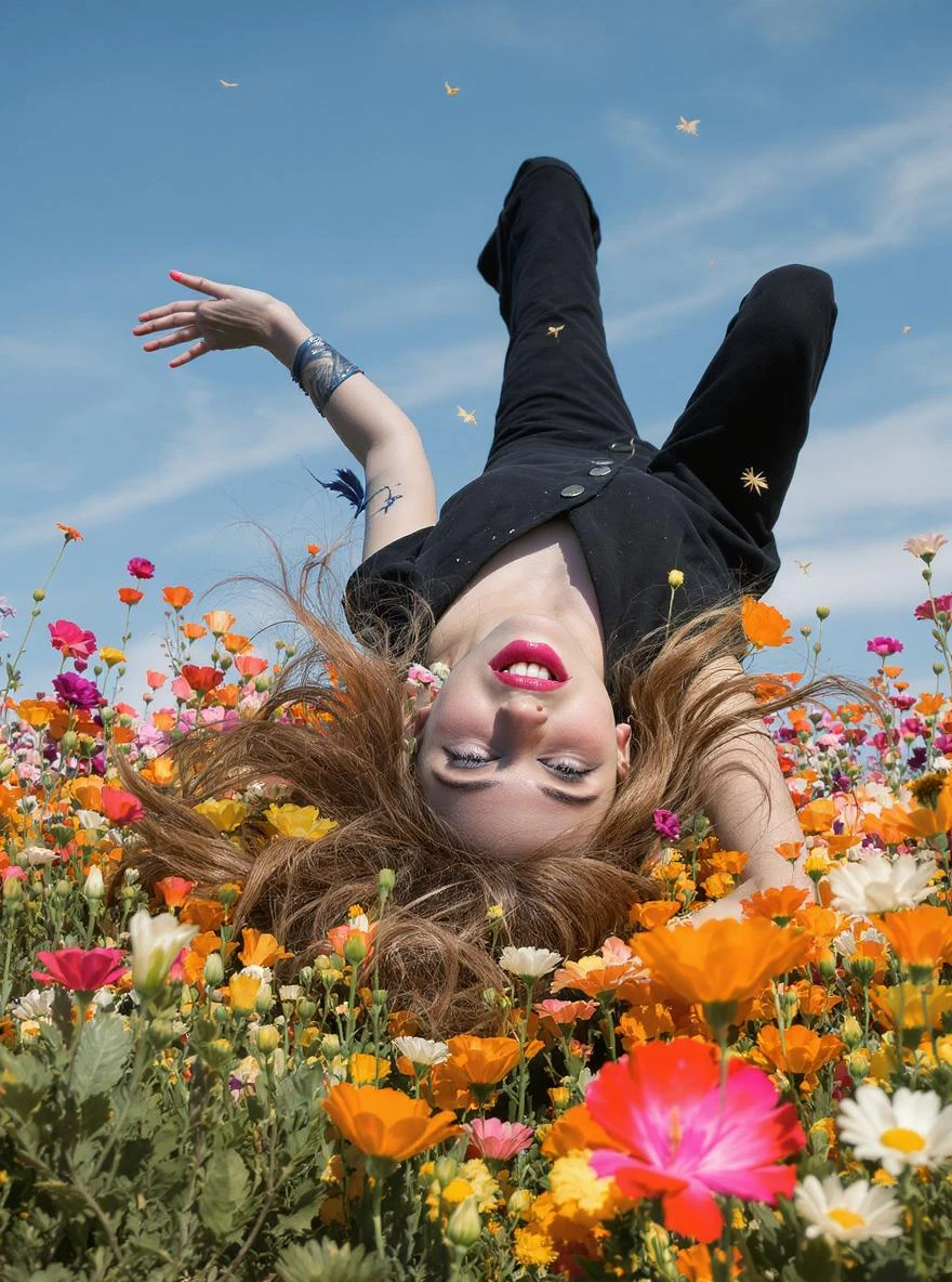 Closeup photo of a woman falling down (almost hit the ground) around colorfull flowers wearing alternative fashion, blue sky minimalistic background emoji