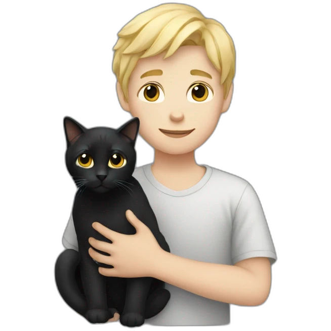 Boy with blonde hair holding a black cat emoji