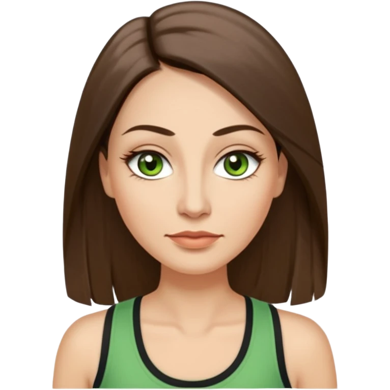 43 year old Adult woman avatar, light skin tone, long, oval face, long straight ashy brown hair, green almond-shaped eyes with dramatic eyelashes and minimal eyeliner, neutral mouth, medium straight eyebrows, average nose, smooth skin, high-neck tank top  emoji