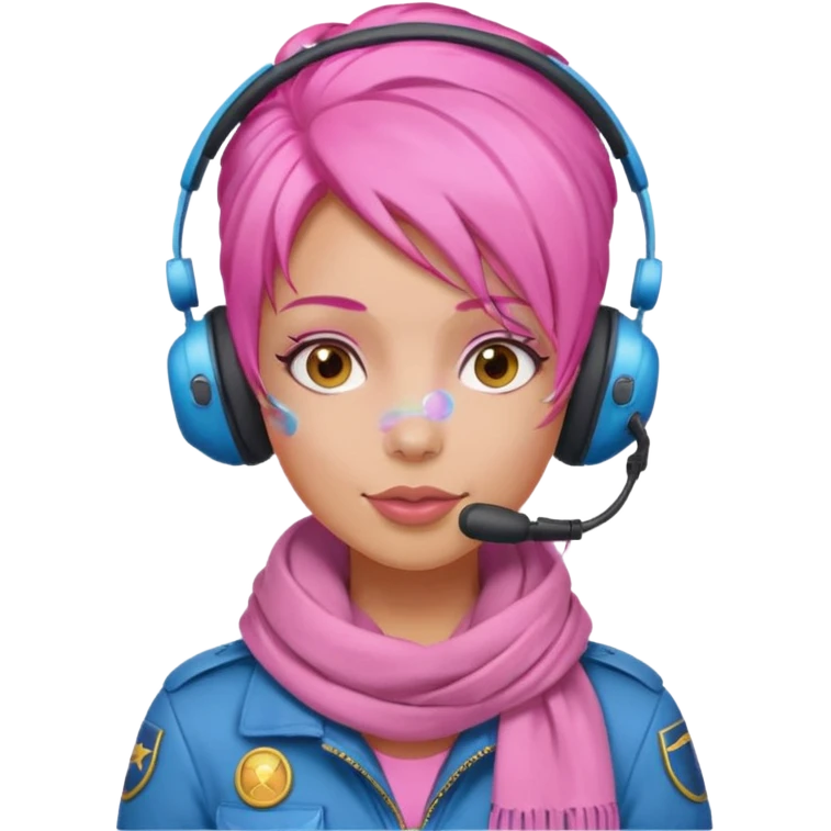Jet Queen Mia – bubble-gum-hair pilot wearing a headset and pink scarf emoji