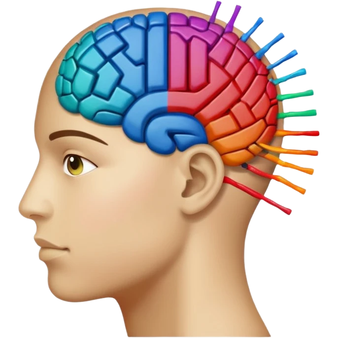 Un cerebro dividido a la mitad; el lado izquierdo está formado por puntos y ceros (0101), y el lado derecho por manchas de pintura de colores vibrantes. emoji