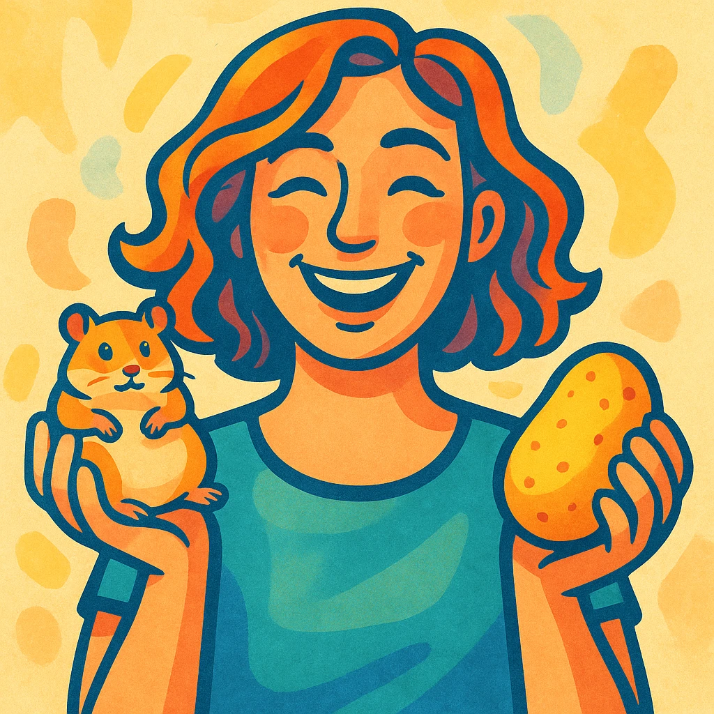 a woman smiling, holding a hamster and a potato, stylized emoji