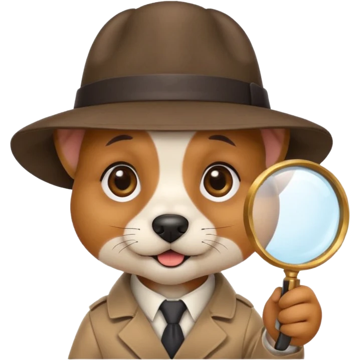 cute dog face emoji wearing detective hat, holding magnifying glass, friendly playful expression, simple bold lines, apple emoji style emoji