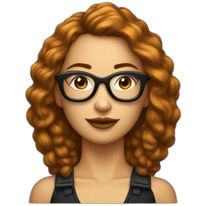 une femme avec des cheveux noirs courts et des lunettes de vues noirs, et un piercing à l'arcade emoji
