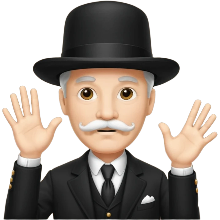 very big white moustachhe and typical 1900 black elegant clothes and hat . politician pose uses hands to speak emoji
