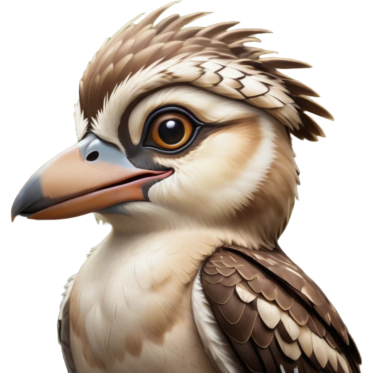 Cinematic Comical Kookaburra Portrait Emoji, Head tilted dramatically with an exaggeratedly amused expression, featuring a strikingly patterned brown and cream plumage with wide, expressive eyes filled with playful disbelief, Simplified yet hilariously expressive features, highly detailed, glowing with a slightly sassy glow, high shine, dramatic yet playful, stylized with an air of cheeky bushland mischief, bright and endearing, soft glowing outline, capturing the essence of a spirited and over‐the‐top kookaburra, so meme‐worthy it feels like it could cackle its way into internet fame instantly! emoji