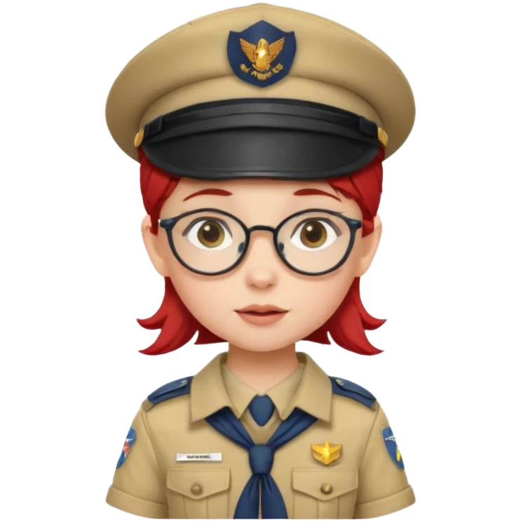 scout girl baby with uniform including the hat,  little with glassess and red hair emoji
