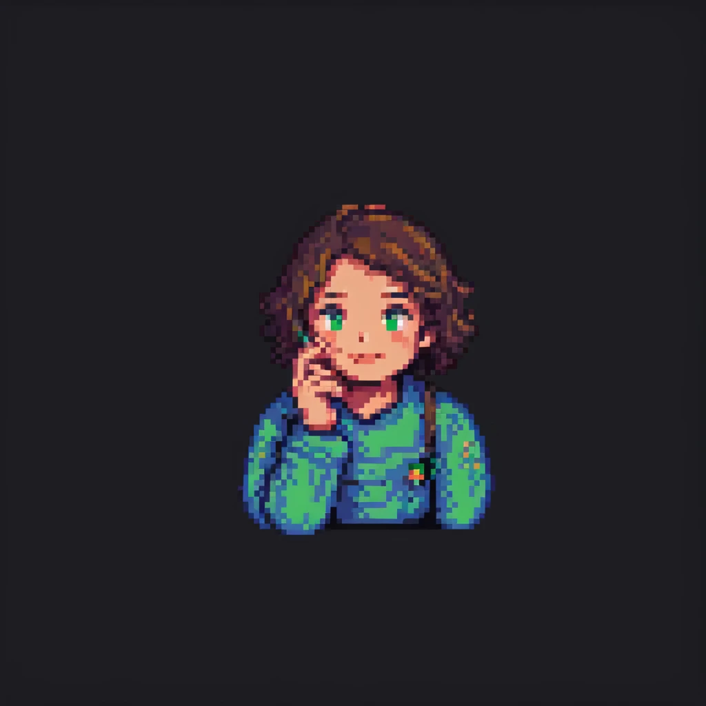 thinking face, looking up, hand on chin, pixel art style emoji