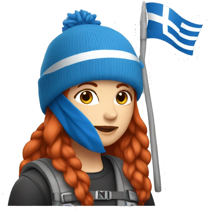 female mountaineer red hair blue beenie with easter egg and greek flag  emoji