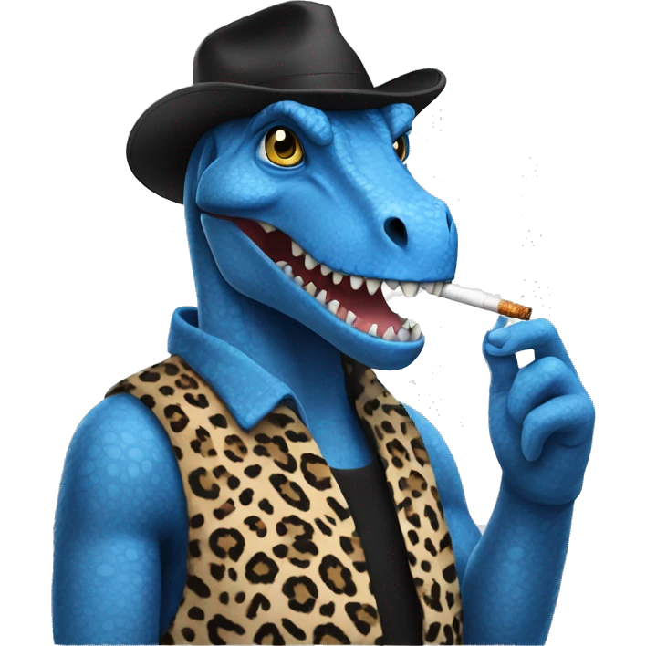 A blue dinosaur, a square hairstyle, smokes a cigarette in a leopard hat emoji
