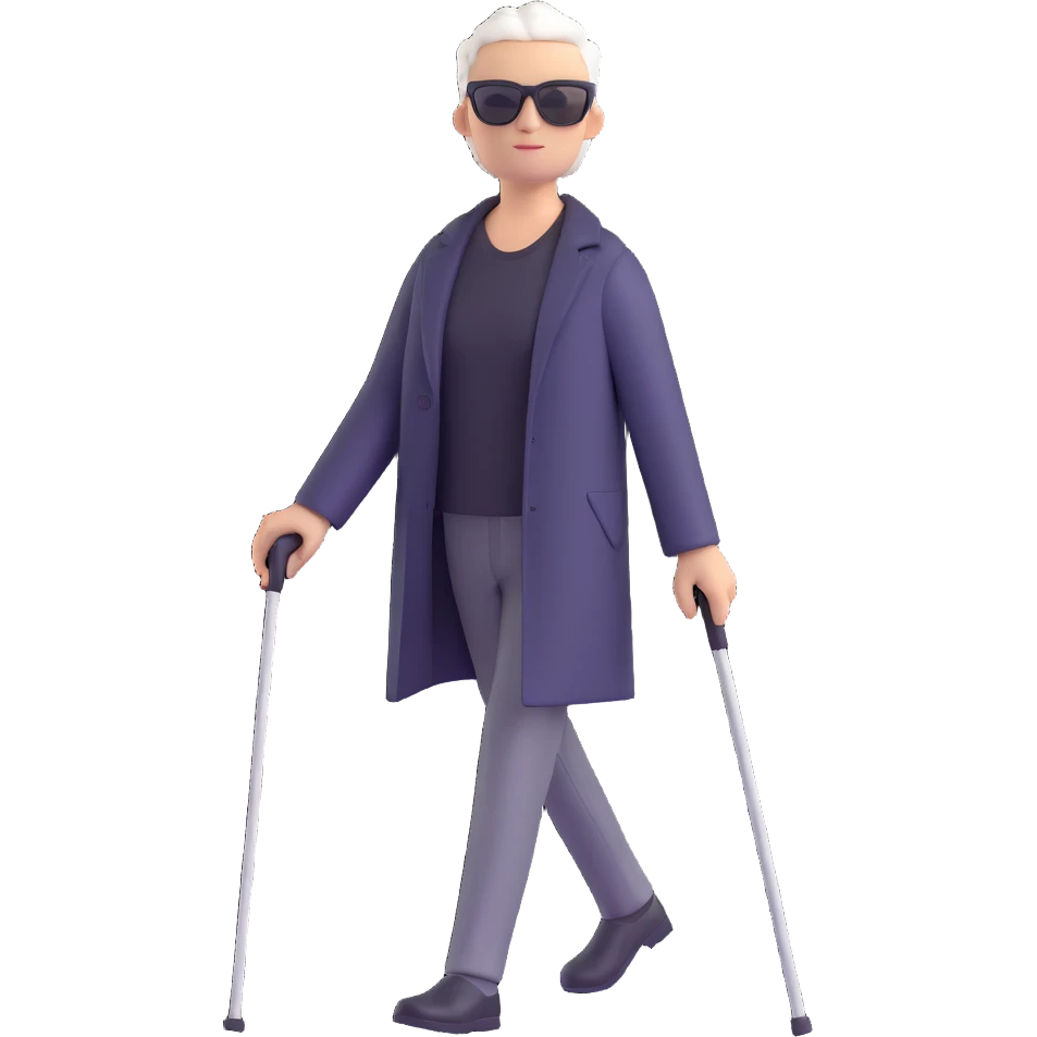 A blind person walking outdoors during the day, holding a single white cane in one hand. The person is wearing sunglasses and walking confidently. Emphasize that there is only one cane emoji