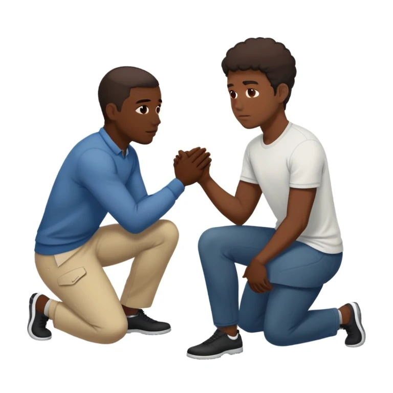 Black man kneeling down in front of white man, respectful gesture emoji