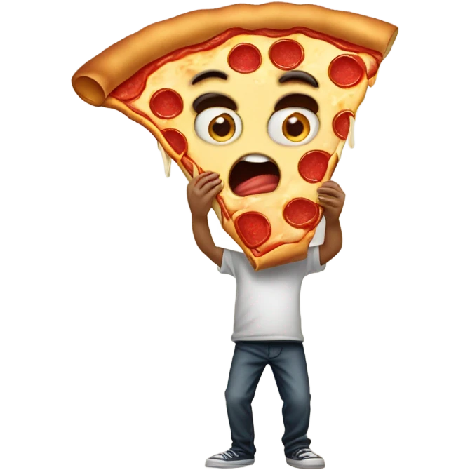 stupid boy eating a huge pizza which is coming out from his eyes emoji