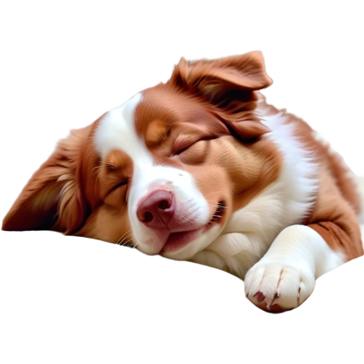 Cinematic Meme-Worthy Chubby Sleeping Red and White Merle Australian Shepherd Portrait Emoji, Head resting peacefully with a contented smile, showcasing a delightfully chubby build and a luxuriously soft red and white merle coat, eyes shut in a serene nap, Simplified yet hilariously adorable features, highly detailed, glowing with a soft, drowsy light, high shine, relaxed and utterly lovable, stylized with an air of playful laziness, bright and heartwarming, soft glowing outline, capturing the essence of a comically sleepy Red and White Merle Australian Shepherd, so meme-worthy it feels like it could instantly become the next viral sensation of adorable slumber! emoji