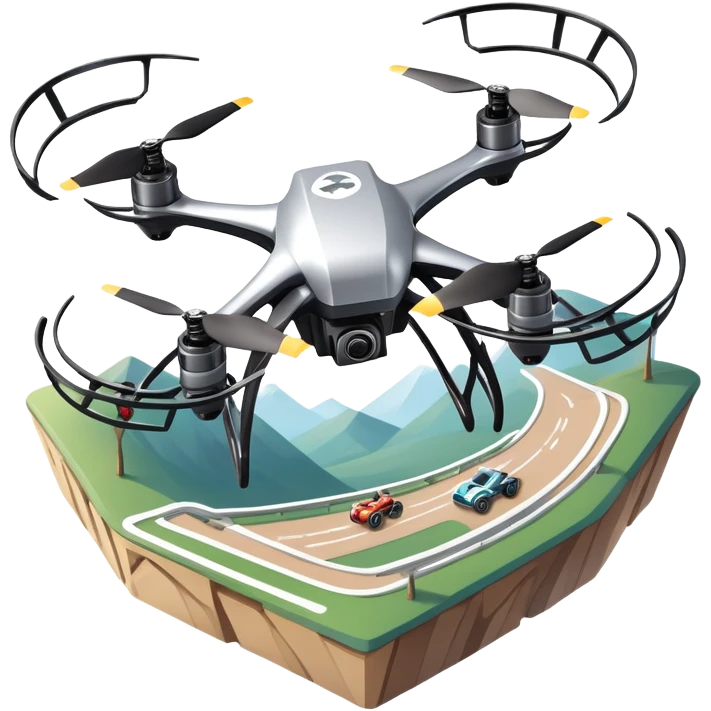 An icon showing a racing quadcopter drone in the foreground, flying at high speed through a course filled with obstacles and checkpoints. Other drones zoom in the background over a dynamic landscape. Transparent background highlights the thrill and precision of drone racing. emoji