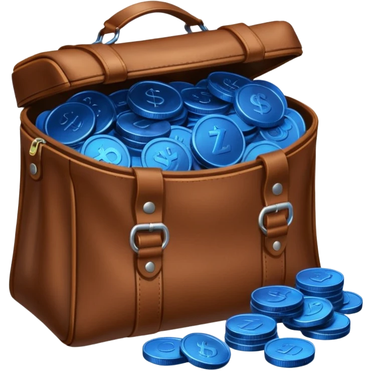 leather bag on top of blue coins stack emoji