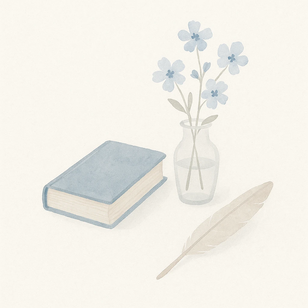 artistic composition featuring an old blue book, delicate light blue flowers arranged in a clear glass vase beside it, and a classic writing quill, all in a harmonious and elegant arrangement emoji