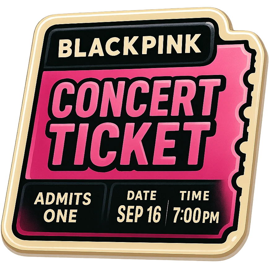 concert ticket, retro sticker style, black and pink, bold outlines, vibrant and fun, BLACKPINK pop star theme emoji