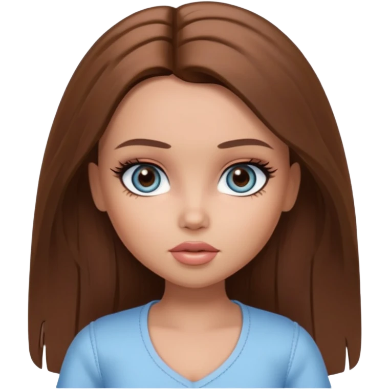Pretty Bratz doll baddie, straight brown mid lenght hair, pale-tanned skin, natural makeup, light blue-grey eyes emoji