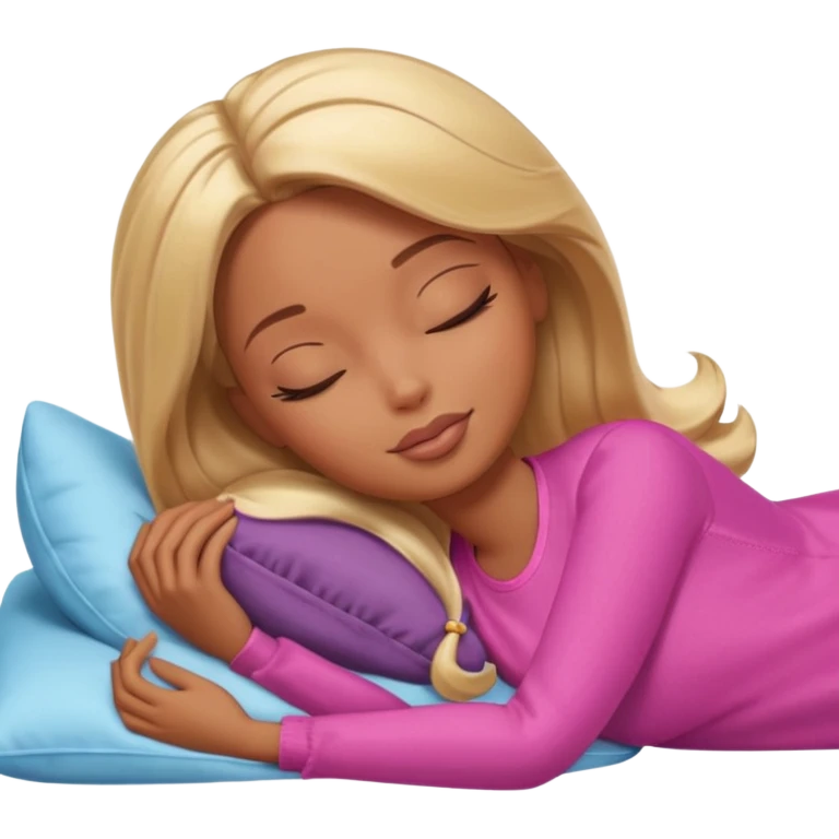 Brown skin blonde hair Barbie laying on side sleeping in bed with eyes closed emoji