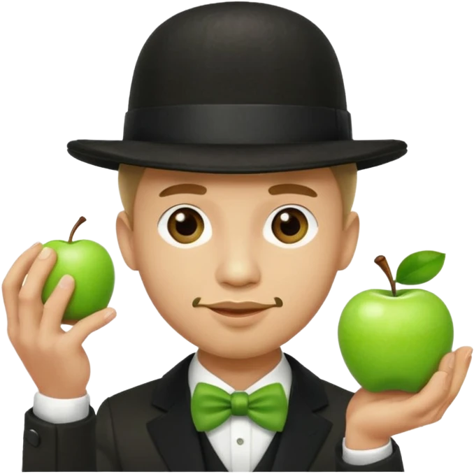 homme en costume chapeu melon aven avec une pomme verte dqui cache son visage  emoji